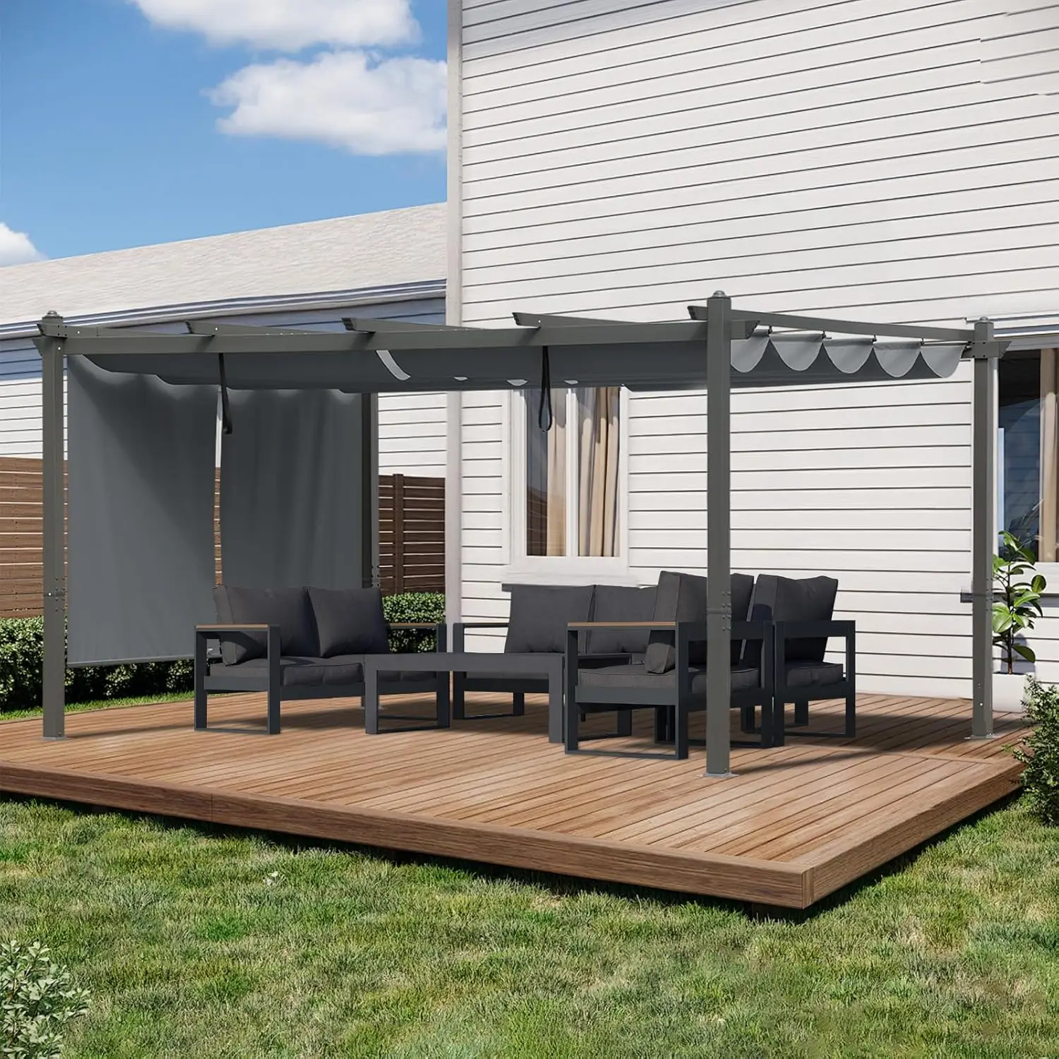 

12x16FT Outdoor Pergola Retractable Canopy Aluminum Frame Roller Curtains Patio Backyard Deck Gray Customized