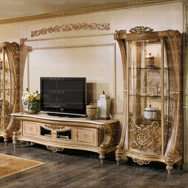 باب زجاجي أوروبي من الخشب الصلب المنحوت على شكل زهرة النبيذ القديم وخزانة حائط لغرفة المعيشة