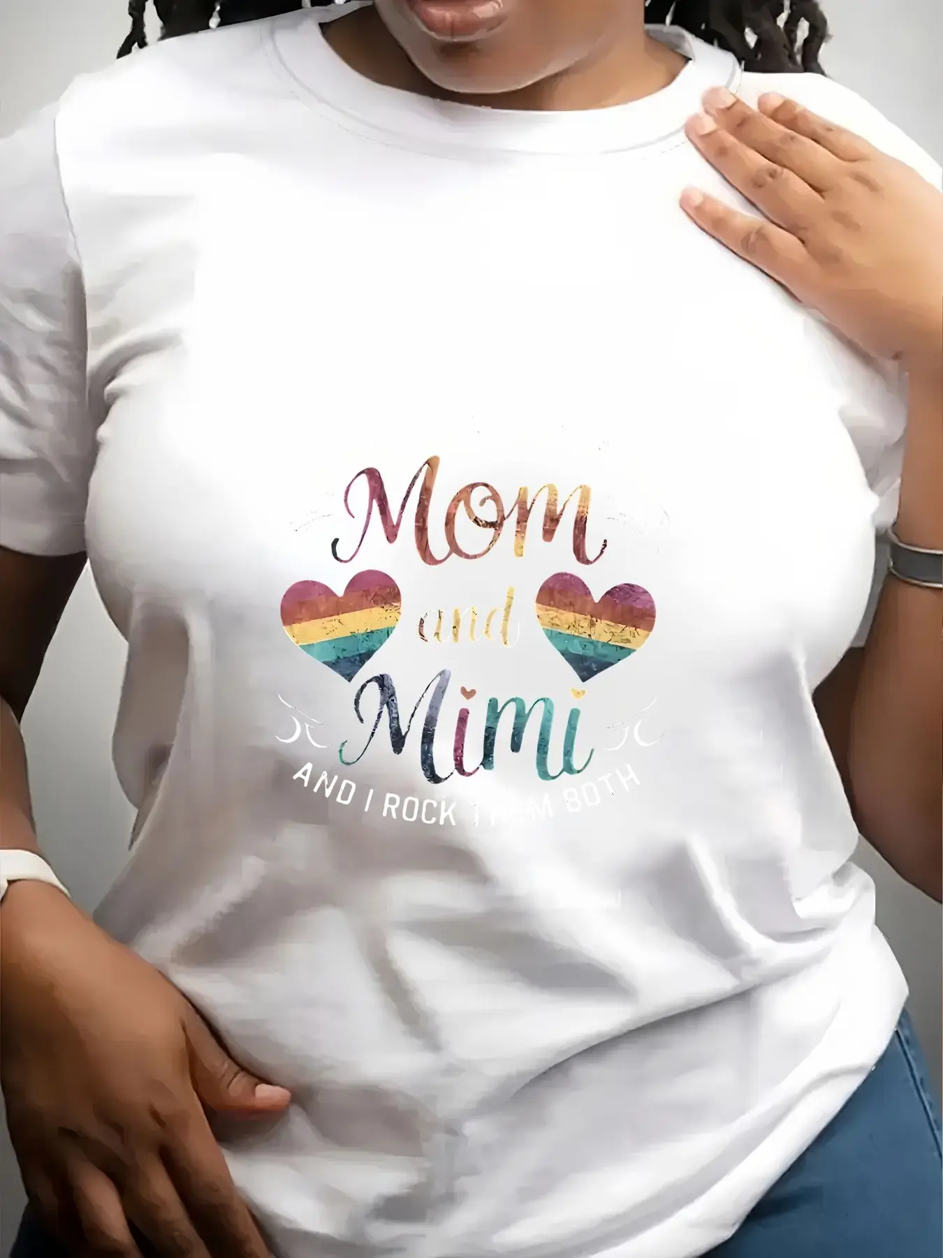 Women's Trendy Crew Neck T-Shirt I Have Two Titles Mom and Mimi and I Rock Them Both Suitable for Casual Sportswear