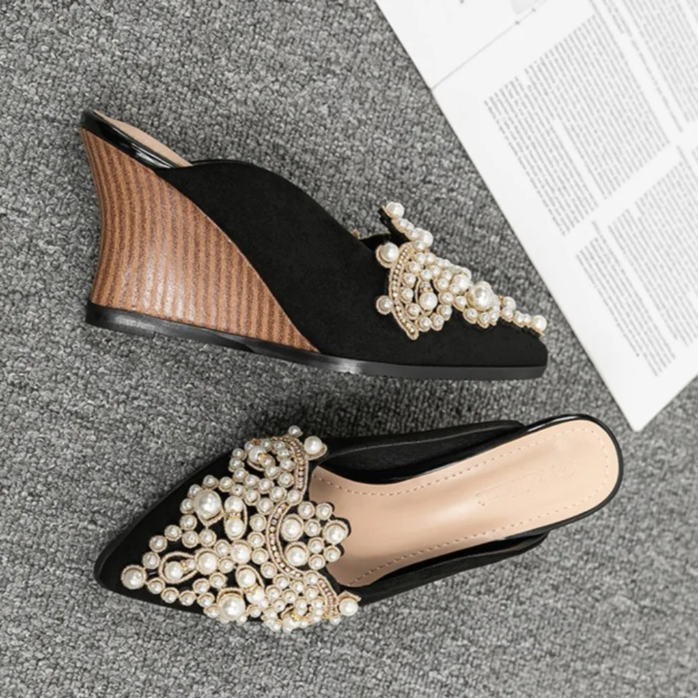 Wedge Heel Half Slippers Women's Slippers Outside Spring Summer New Pointed Pearl Bag Head Half To Muller Shoes Women Sandals