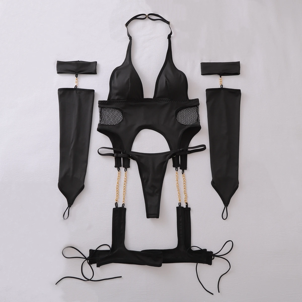 

Fashion Metal Chain Embellished Lingerie Set Women's Thin Open-back Backless Shaping Underwear Female Sexy Neck-hugging Bra Suit
