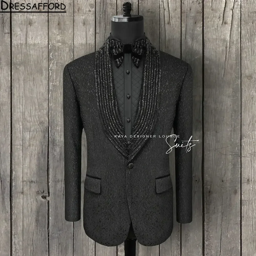 Black Beading Crystal Men Suits Jacquard Weave Groom Wedding smoking 2 pezzi set Dinner Prom blazer Terno Masculino Completo