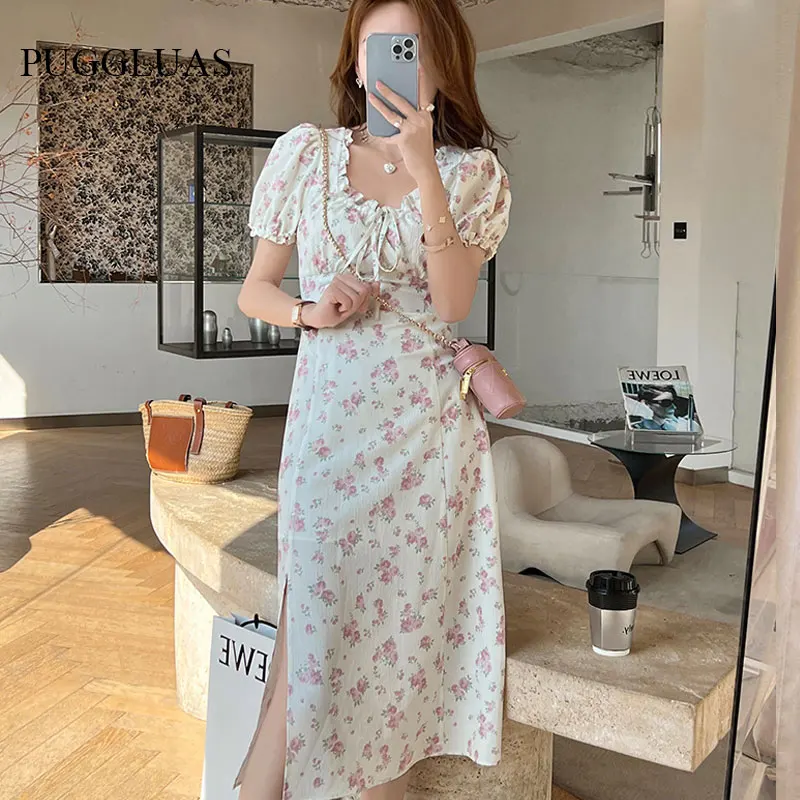 French Floral Print Puff Sleeve Tie Front Split Dress Women Ruched Drawstring Party Holiday Long Dress Korean Vestidos Sundress