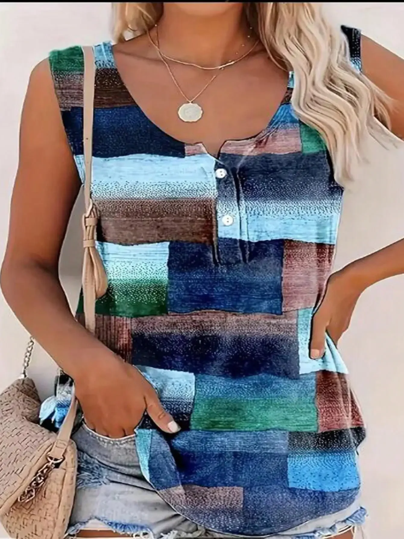 

Plus Size 1XL-5XL Summer Women's Fashion Round Neck Color Block Printed Button Vest Women Casual Sleeveless Loose Tank Top