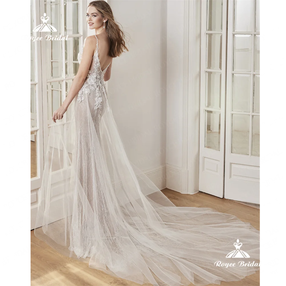 Roycebridal v-neck A line ชุดแต่งงาน2025ลูกไม้ด้านข้างร่องรถไฟศาลชุดเจ้าสาวลูกไม้