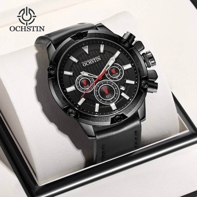 OCHSTIN Men's Vintage Heavy-Duty Navigator Timepiece Thick Case Frame Comfy Wide Leather Wristband Quartz Calendar Watches