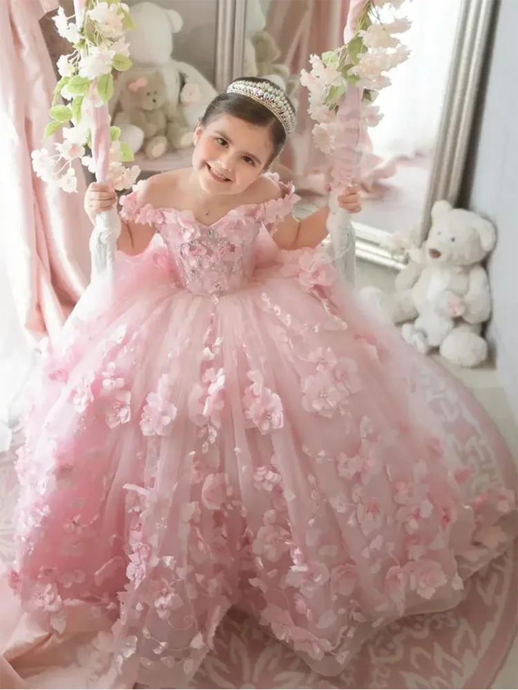 Pink 3d Applique Flower Girl Dress For Wedding Off Shoulder Luxurious Pearls Tulle Child First Eucharistic Birthday Party Dress