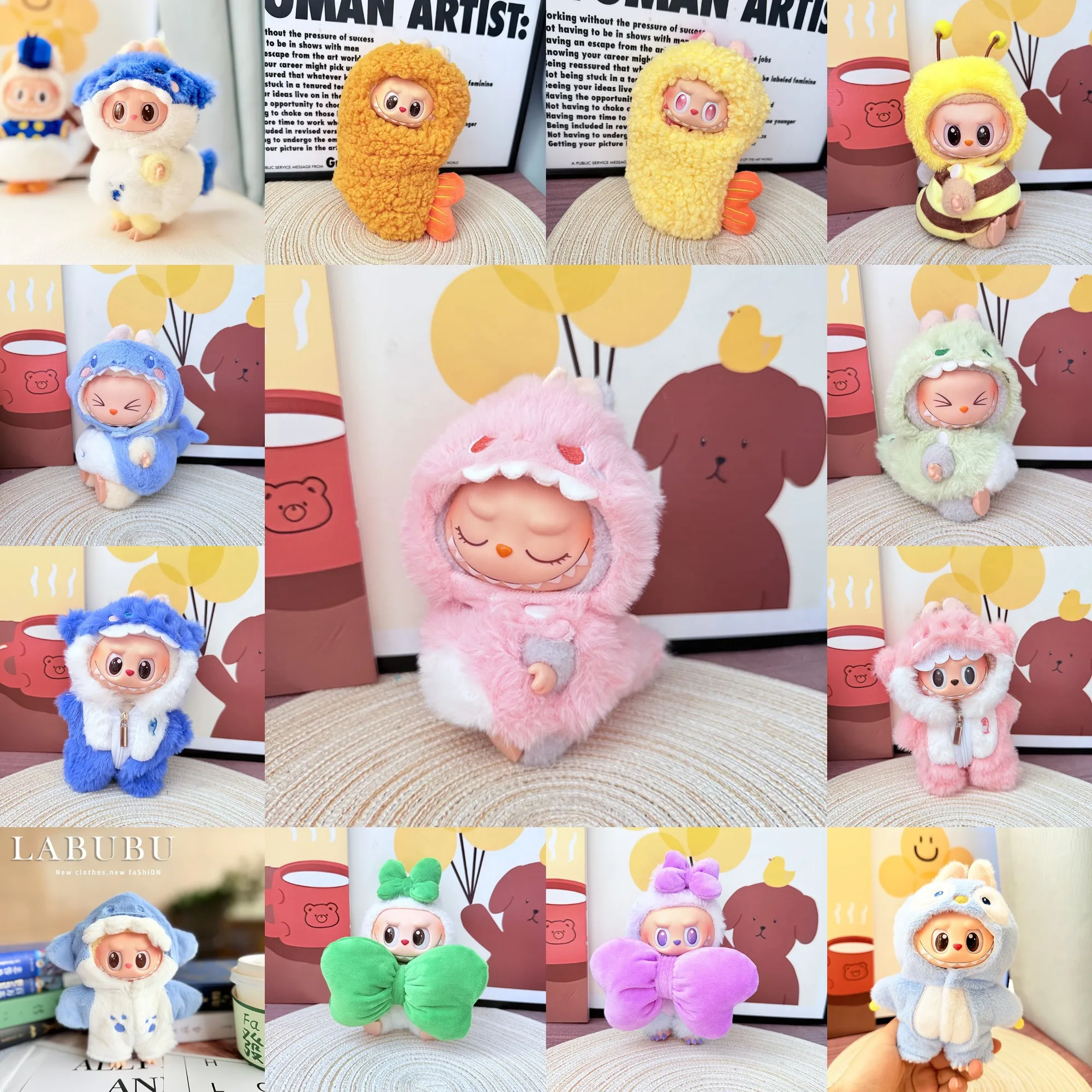 

Clothes For Labubu Shark Bee Dinosaur Costume Fried Shrimp 1st 2nd 3rd Gen Sitting Party Blue Pink Outfit Accessories