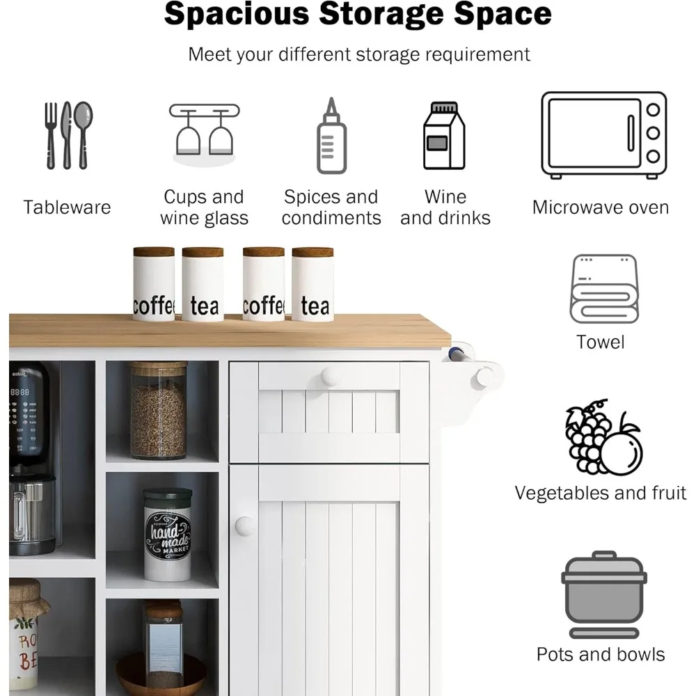 عربة جزيرة المطبخ مع خزانة تخزين و5 عجلات دوارة، عربة طعام محمولة مع سطح مكتب من الخشب الصلب وخزانة الميكروويف، برتقة
