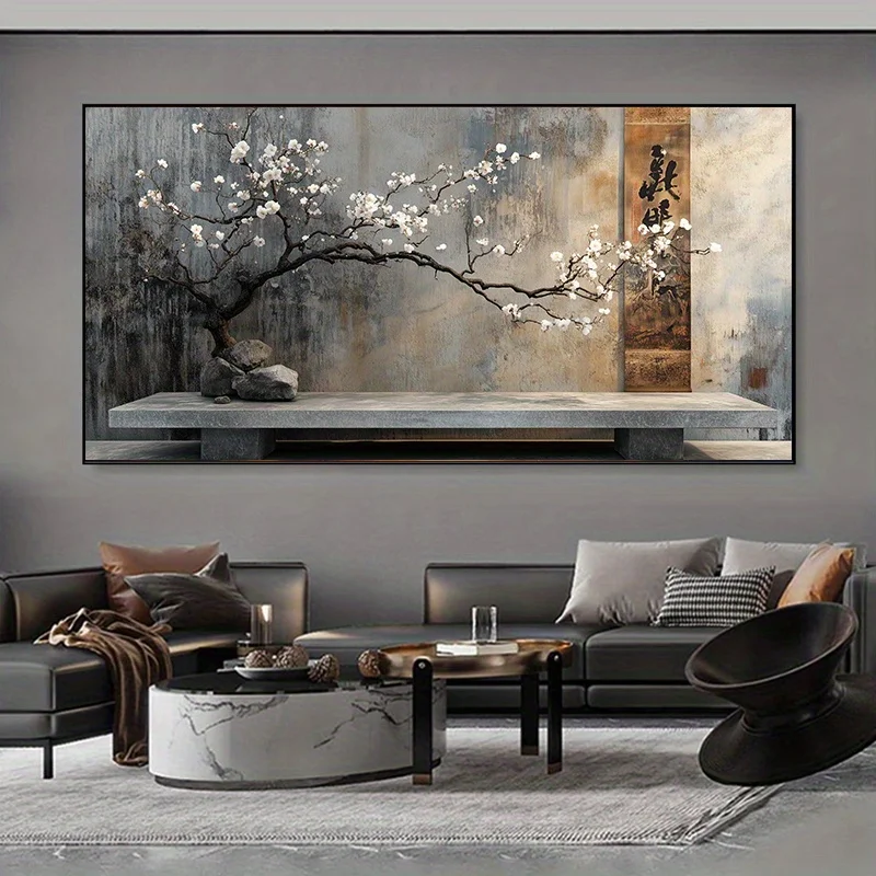 1pc frameless Large Frameless Abstract Canvas Art Vintage Stone Terrace & Flower Branch Print, Wall Decor for Living Room, Bedro