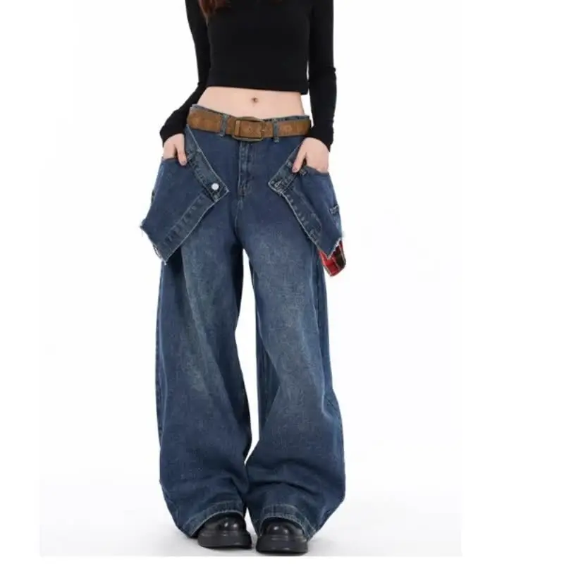 

New 2026 Women's Fake Two-piece Plaid Patchwork Jeans, American Vintage Loose Wide Leg Curved Blade Denim Cool Streetwear Pants