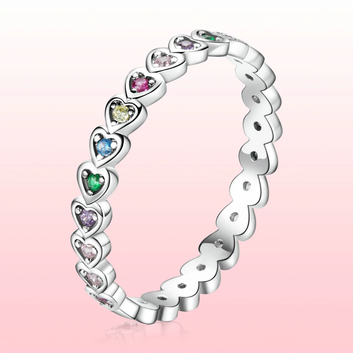 

Multicolor S925 Sterling Silver Ring Rainbow Heart Color Heart Zircon Fashion Simple Rings