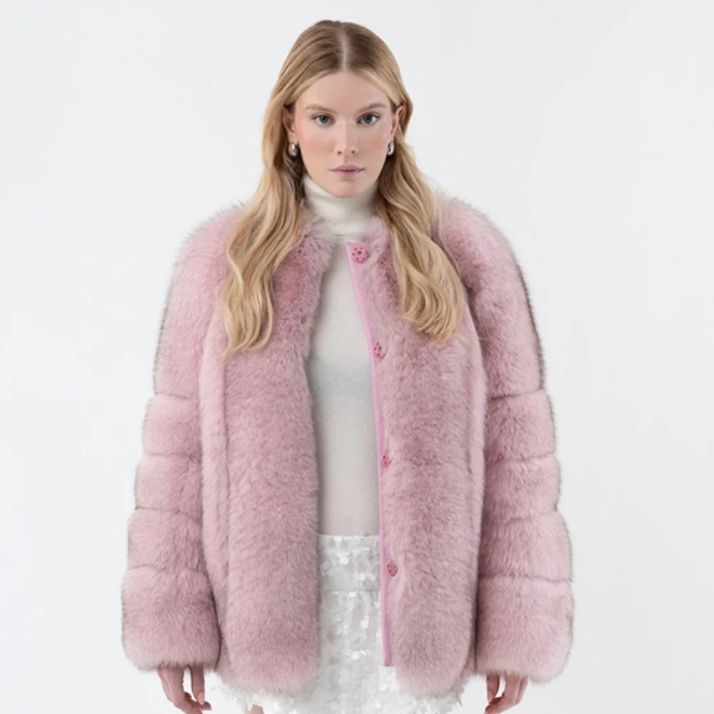 Pink Real Fox Fur Coat Women Winter Natural Fox Fur Mid-Length Thick Jacket Fashion Causal Genuine Fur Warm Outwear