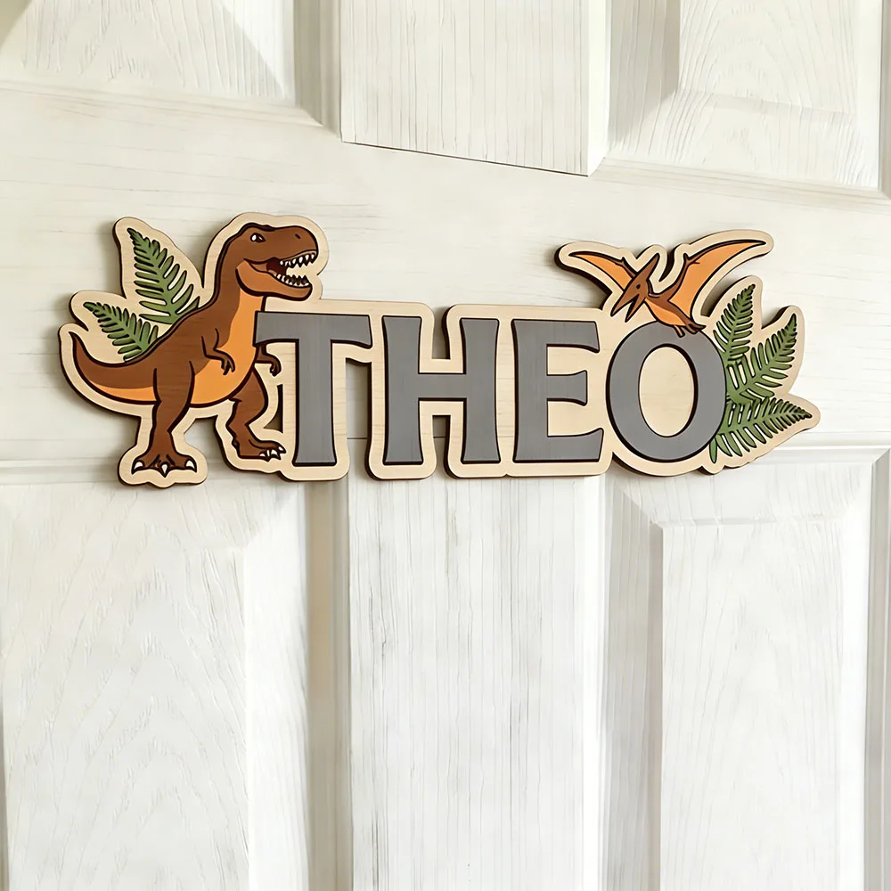 Personalized Dinosaur Name Sign for The Dearest Baby, Wooden Nursery Decor with T-Rex & Pterodactyl, Cute Kids Door Plaque, Baby view 2