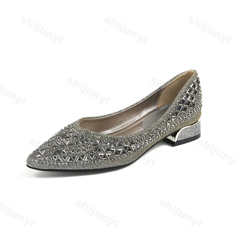 Sepatu Wanita Hak Tinggi 2025 Musim Gugur Hak Rendah Berhias Rhinestone Mewah Ujung Runcing Payet Fashion Kasual Outdoor Pesta Pernikahan