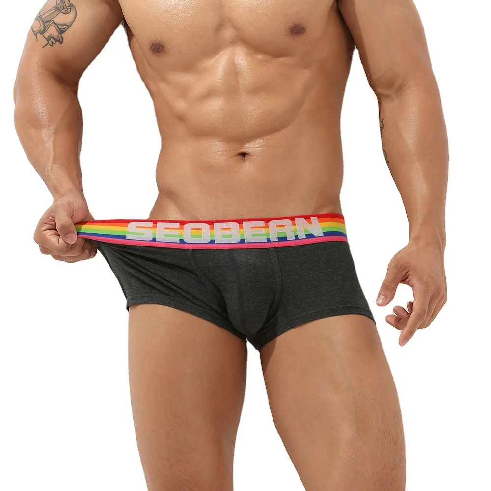 Men's pocket boxers wholesale seven colors rainbow belt solid color low rise U convex men's underwear comfortable 00213