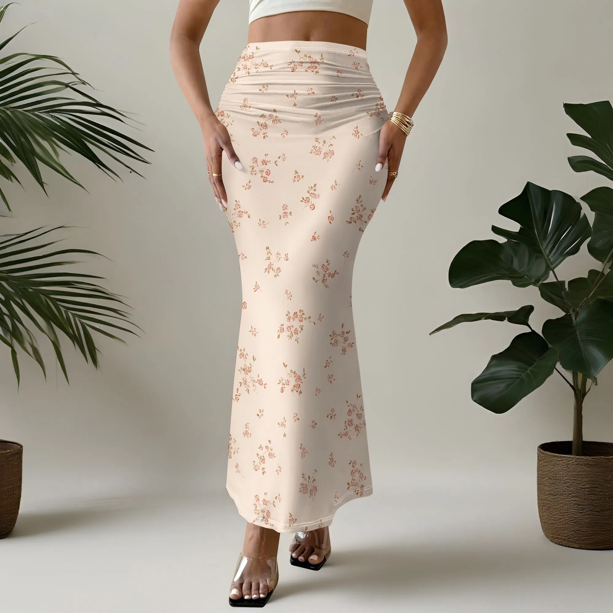 Floral Mermaid Skirt, Ruched Maxi Skirt, High Waist Long Skirt, Elegant Summer Skirt for Women, Beach Party Wear, S-2XL