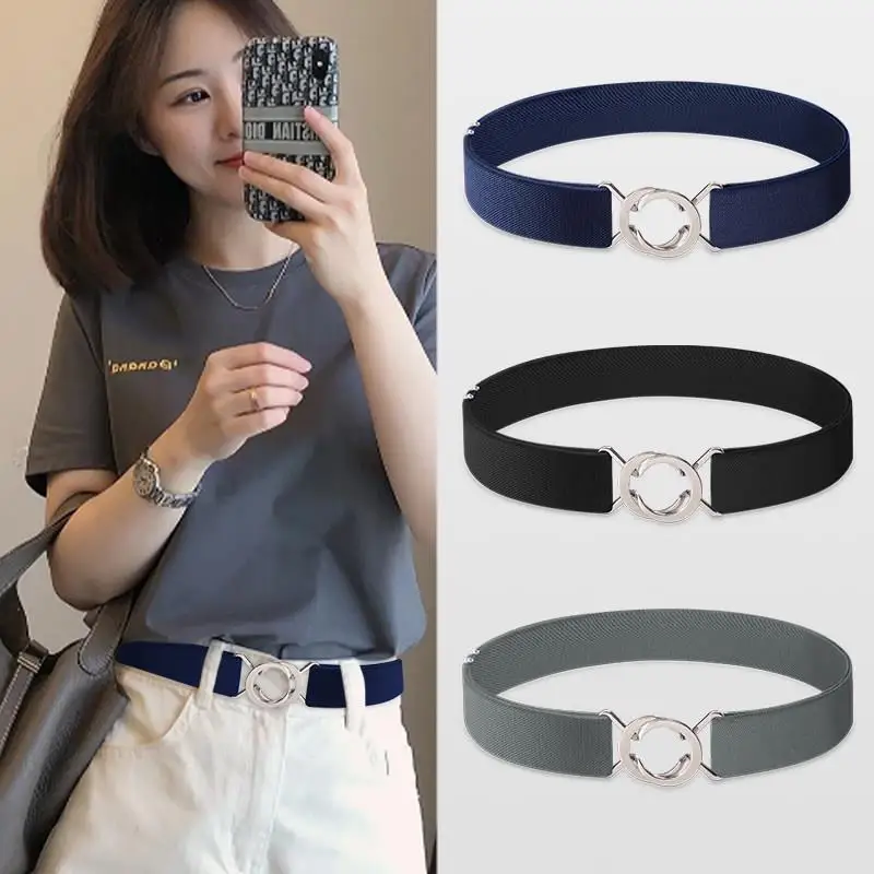 Ladies Elastic Waist Belt Adjustable Loose Fit Jeans Skirt Tightening Tool Casual Style Alloy Buckle Double Ring Buckle