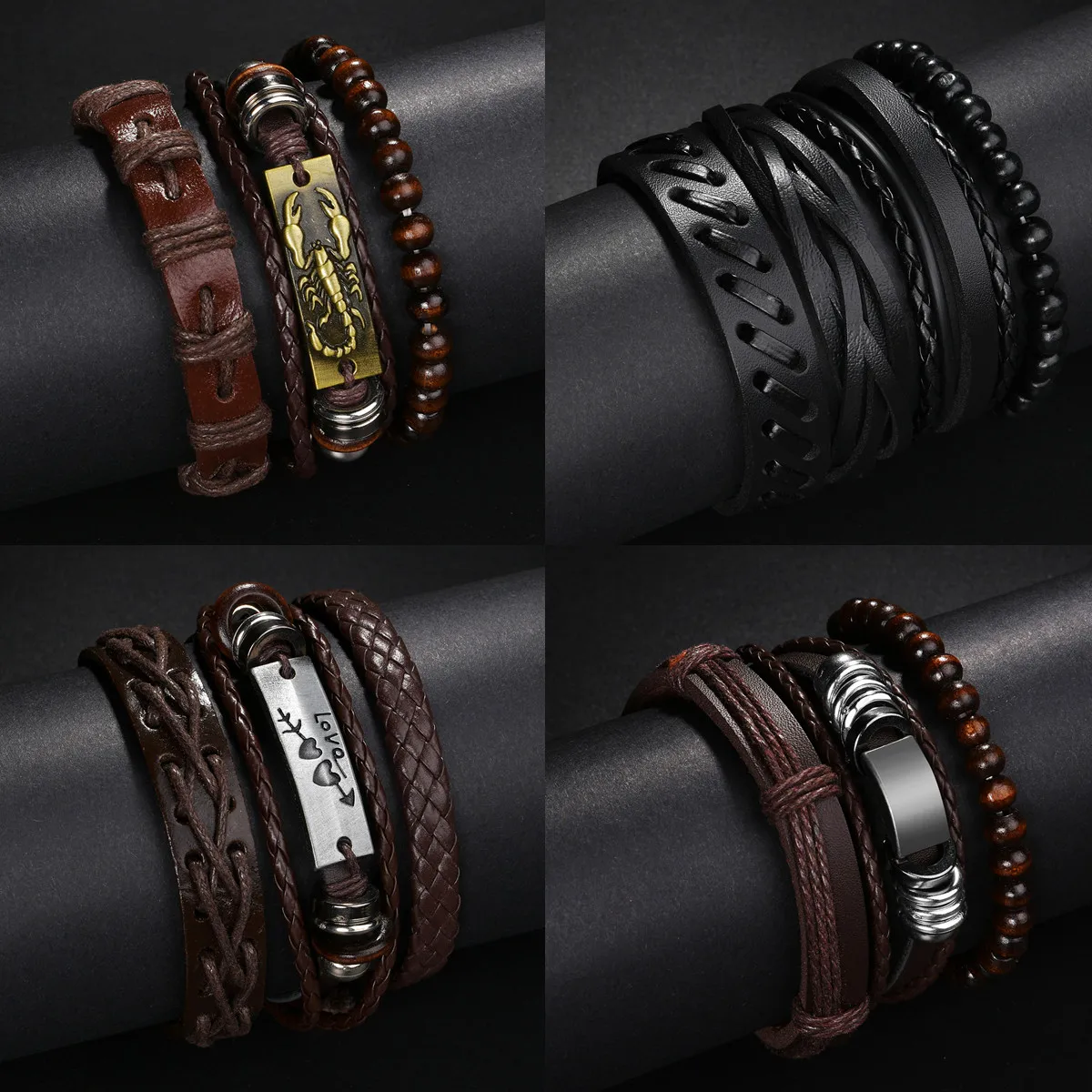 MeMolissa 4Pcs/ Set Braided Wrap Leather Bracelets for Men Vintage Life Tree Scorpion Charm Wood Beads Ethnic Tribal Wristbands