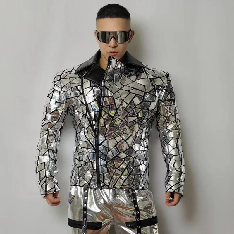 

Glitter Silver Laser Mirror Blazer Coat Male Bar Nightclub Singer Stage Performance Sequin Suit Jacket Banquet Party Tuxedo