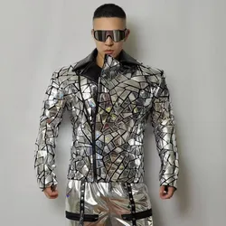 Glitter Silber Laser Spiegel Blazer Mantel Männlich Bar Nachtclub Sänger Bühne Leistung Pailletten Anzug Jacke Bankett Party Smoking