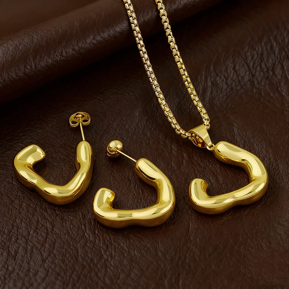 

Golden Color Stainless Steel Initial Necklace Earrings for Women Girls Trendy Collar Jewelry Dubai Bridal Wedding Party Gifts