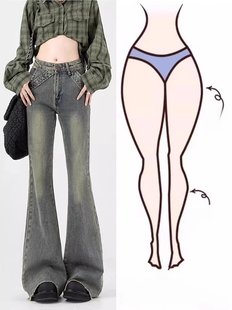 

High Waist Bell Bottom Jeans Women's Spring New plus Size Flared Slimming Hip Covering Elastic Frayed Denim Jeans