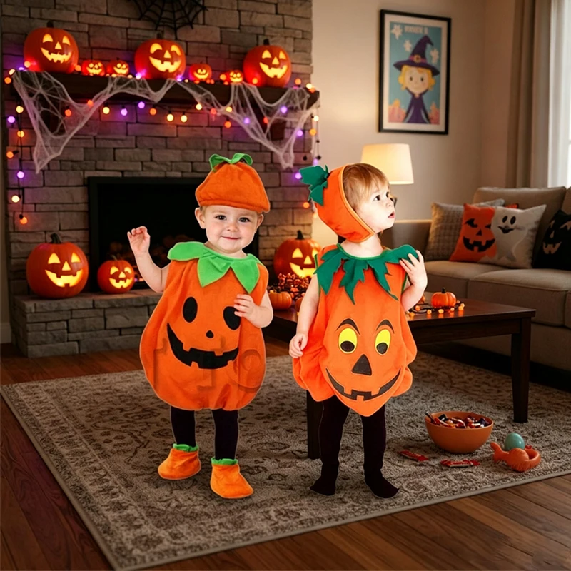 2026 Baby Girls Boys Children Jumpsuit Halloween Pumpkin Costume with Hat Cosplay Stage Performance Christmas Party Costume