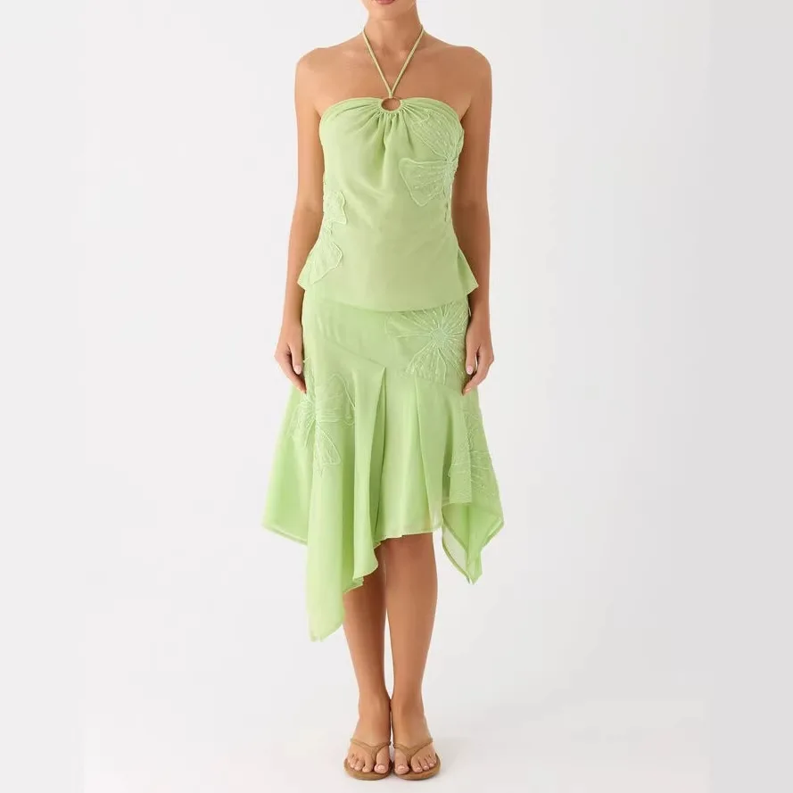 

2026 New Summer Vacation Set, Halter Top with Floral Petal Design & Asymmetric Hem Skirt for Women Casual Style