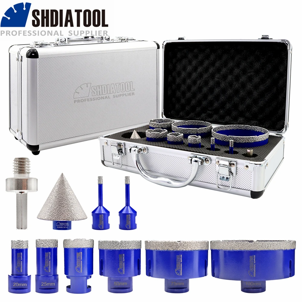 shdiatool 10 unidades caixa 20 25 35 50 75 100 mm m14 vacuum soldada diamante broca nucleo bits mais 50 mm diamante chanfro bit hex adaptador 01