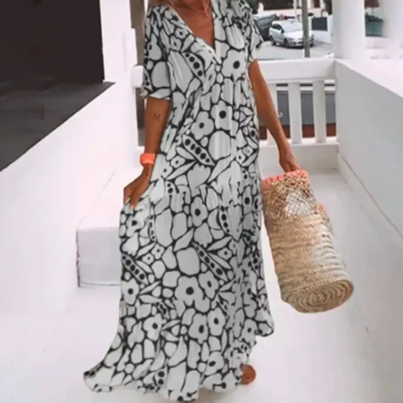 

Summer Women's Printed Short-sleeved Dress Fashion Floral V Neck High Waist Loose Maxi Dress Holiday Beach Swing Sundress