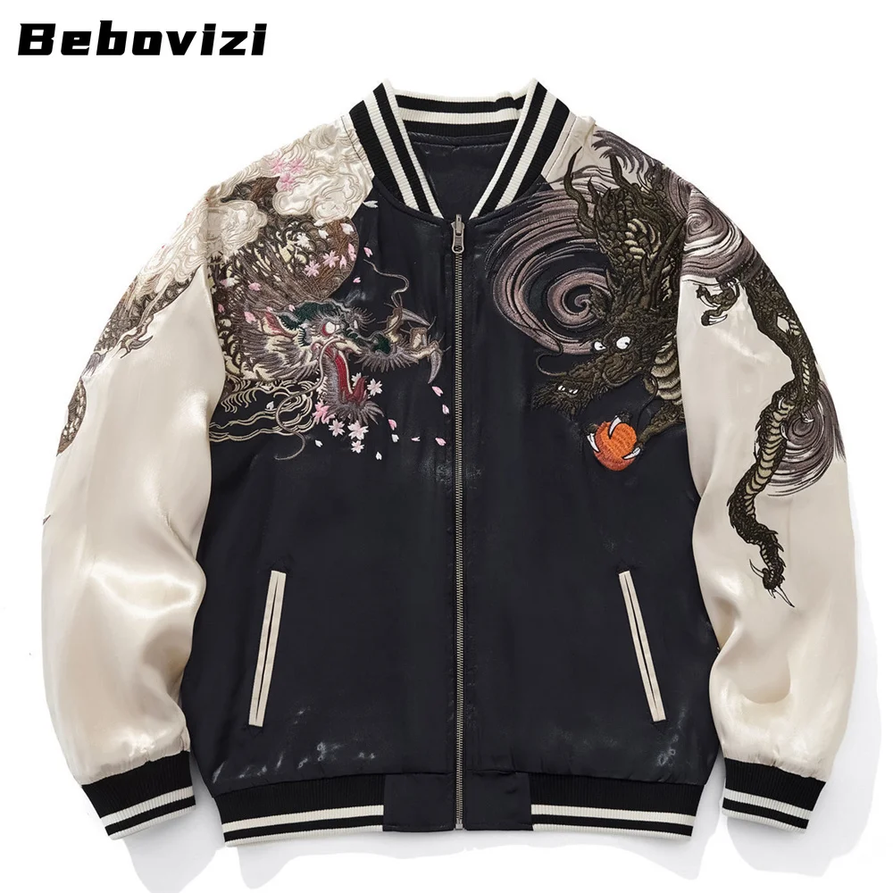 

Dragon Embroidered Zipper Jacket Autumn Streetwear Hip Hop Men's Chinese Style Harajuku Yokosuka Baseball Coat