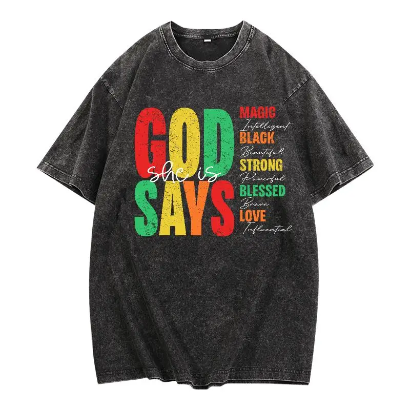 

Women's "God Says She Is" T-Shirt | Black Girl Magic African Pride Graphic Tee | Christian Faith Empowering Gift Top