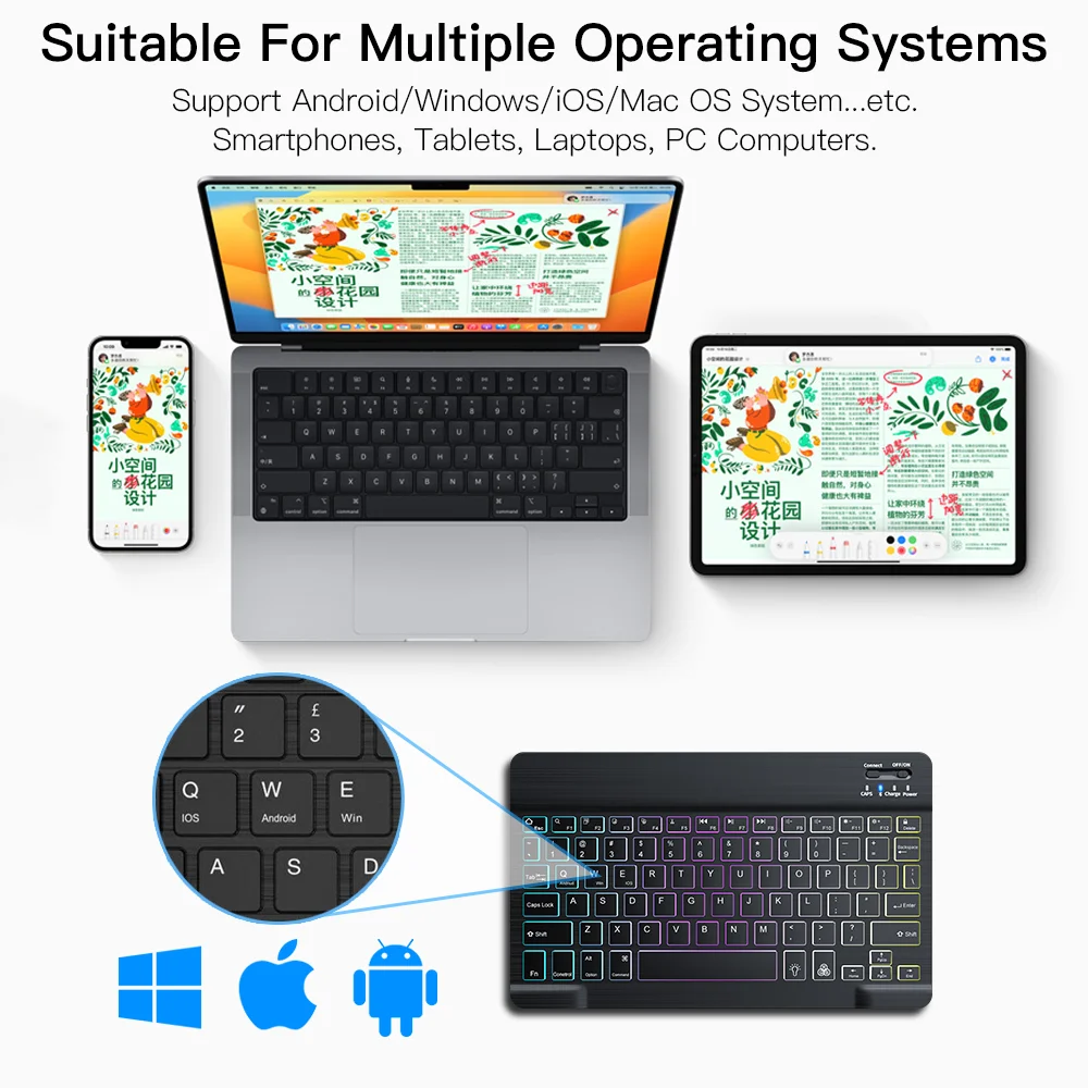 ワイヤレスbluetoothキーボードandroid ios windows用ミニバックライトキーボードアップルxiaomi samsungタブレットキーボードとマウス用