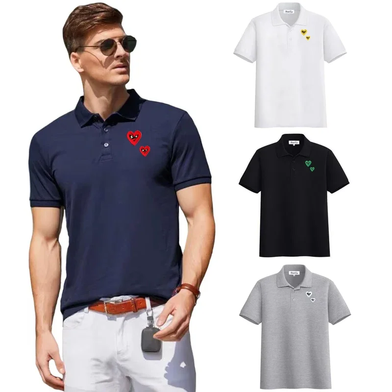 Break Egg Men POLO Shirt Cartoon Large and Small Heart Embroidery Summer Short Sleeve Three-Button Lapel Cotton POLO Shirt