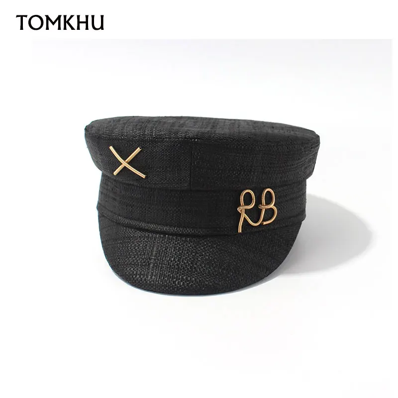 

Fashion Beret RB Letter Military Hats For Women Casual Travel High Quality Black Raffia Straw Flat Top Hat Designer Baseball Cap