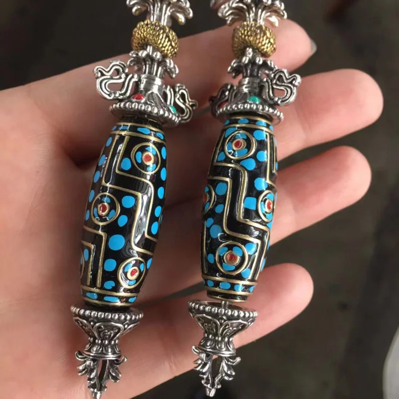 Vintage Tibetan Silver Inlaid Agate Dzi Bead Pendant with Six-Syllable Mantra and Magic Pestle Design