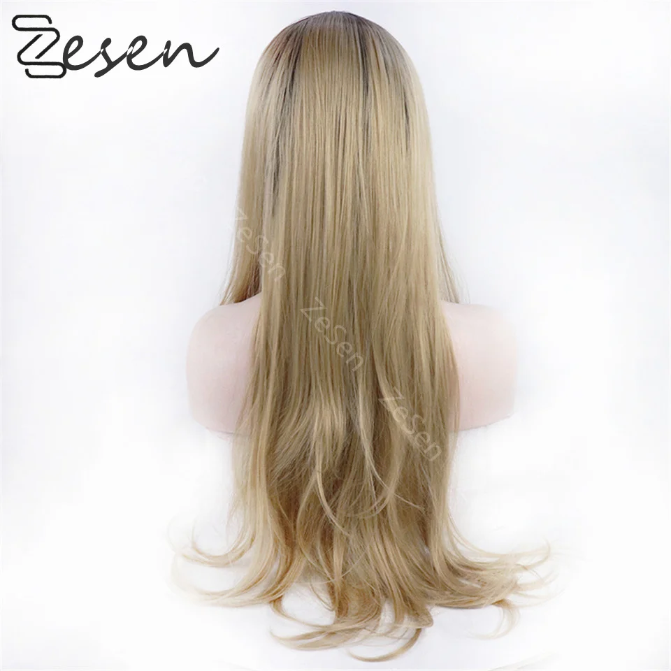 Dark Root Long Straight Synthetic Hair Lace Front Wigs For Women Ombre Ash Blonde Color Lace Frontal Wig Cosplay Daily Wear Wig