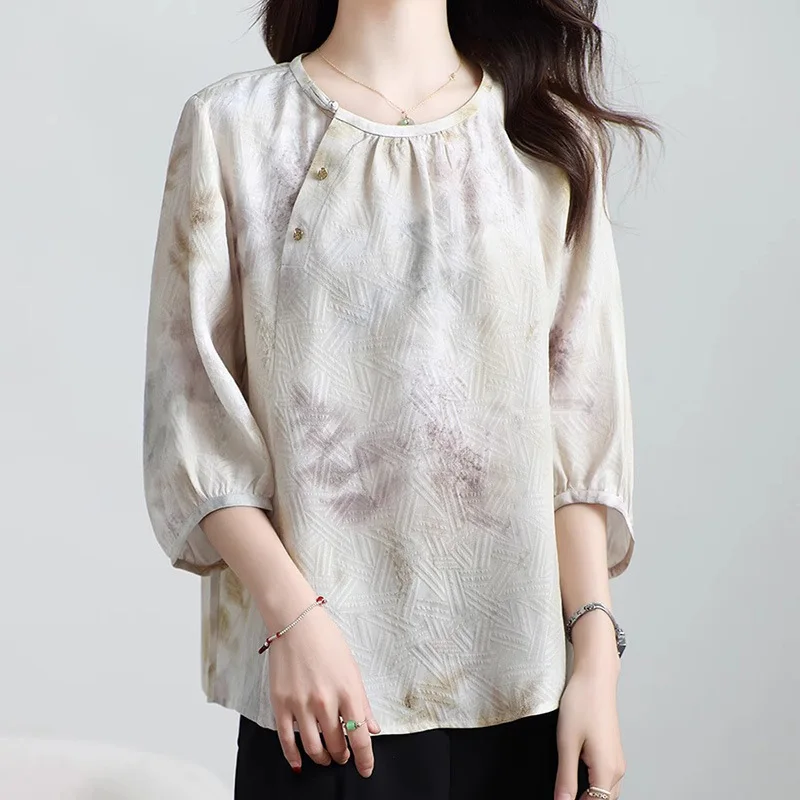 Chinese Style New Silk Shirt High-End Top Women's round Neck Mother's Printed T-shirt Summer Clothing