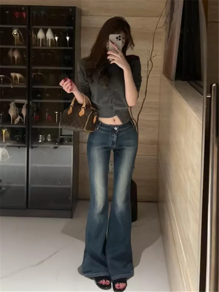 

Retro American Deep Blue Mid-Low Waist Flared Jeans Women's Autumn Winter Slim Elastic Tall Extended Floor-Length Pants