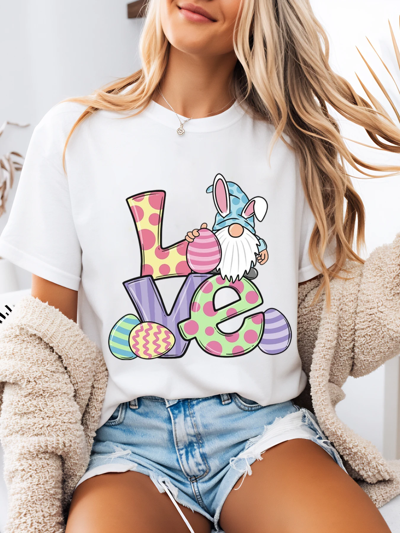 

Easter Gnome Love Print T-Shirt Easter Holiday Women Casual Wear White Plus-Size