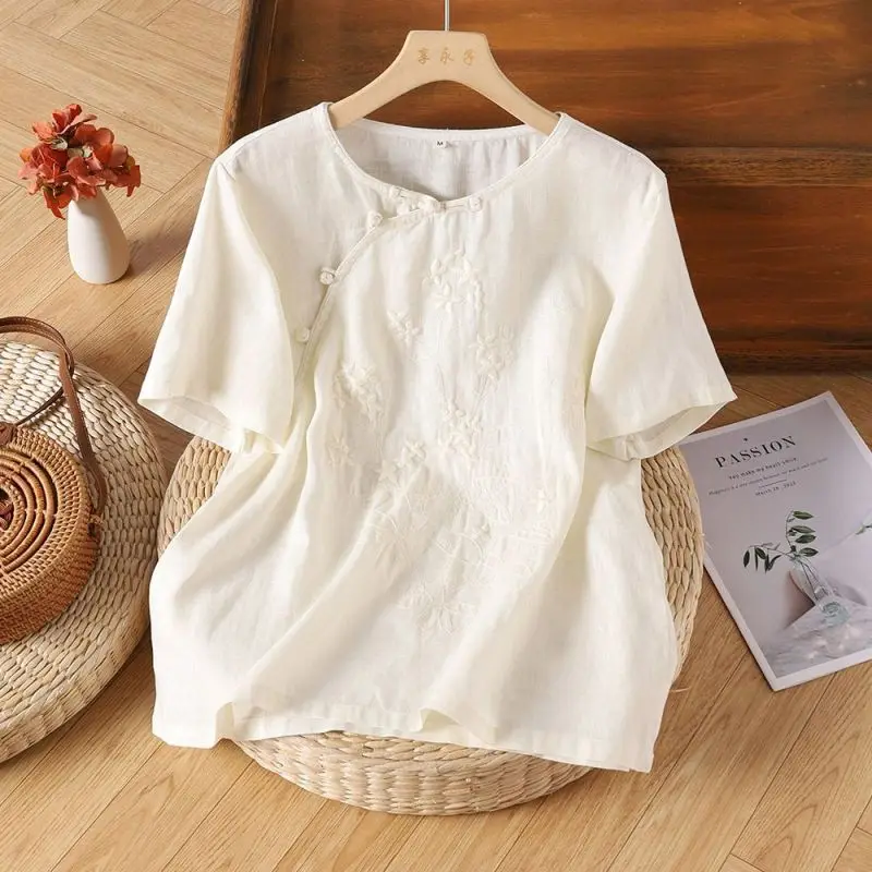 Women Summer Vintage Elegant Loose Cotton and Linen Embroidered O-neck Short Sleeve Shirts Ladies Casual All-match Buttons Tops