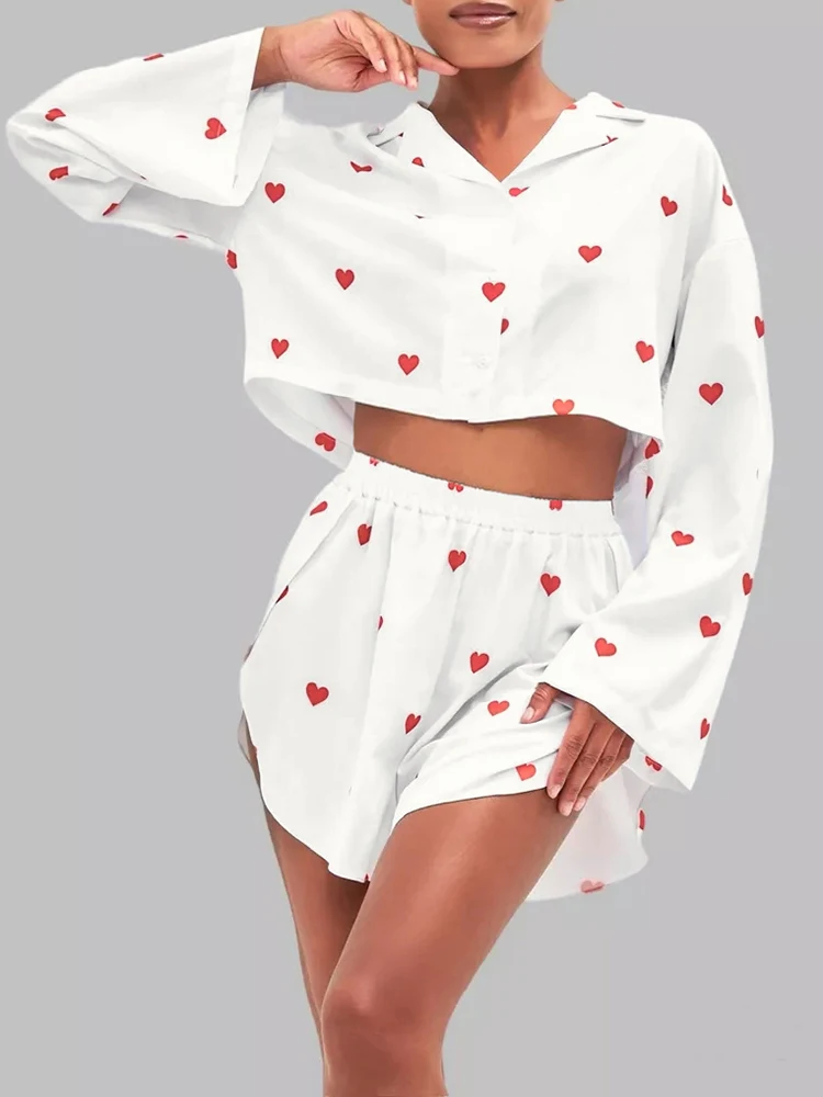 HiLoc Print Long Sleeve Sleepwear Women Pajama Lapel Crop Tops 2024 High Waist Slit Shorts Female Set Love Pattern Lougerwear