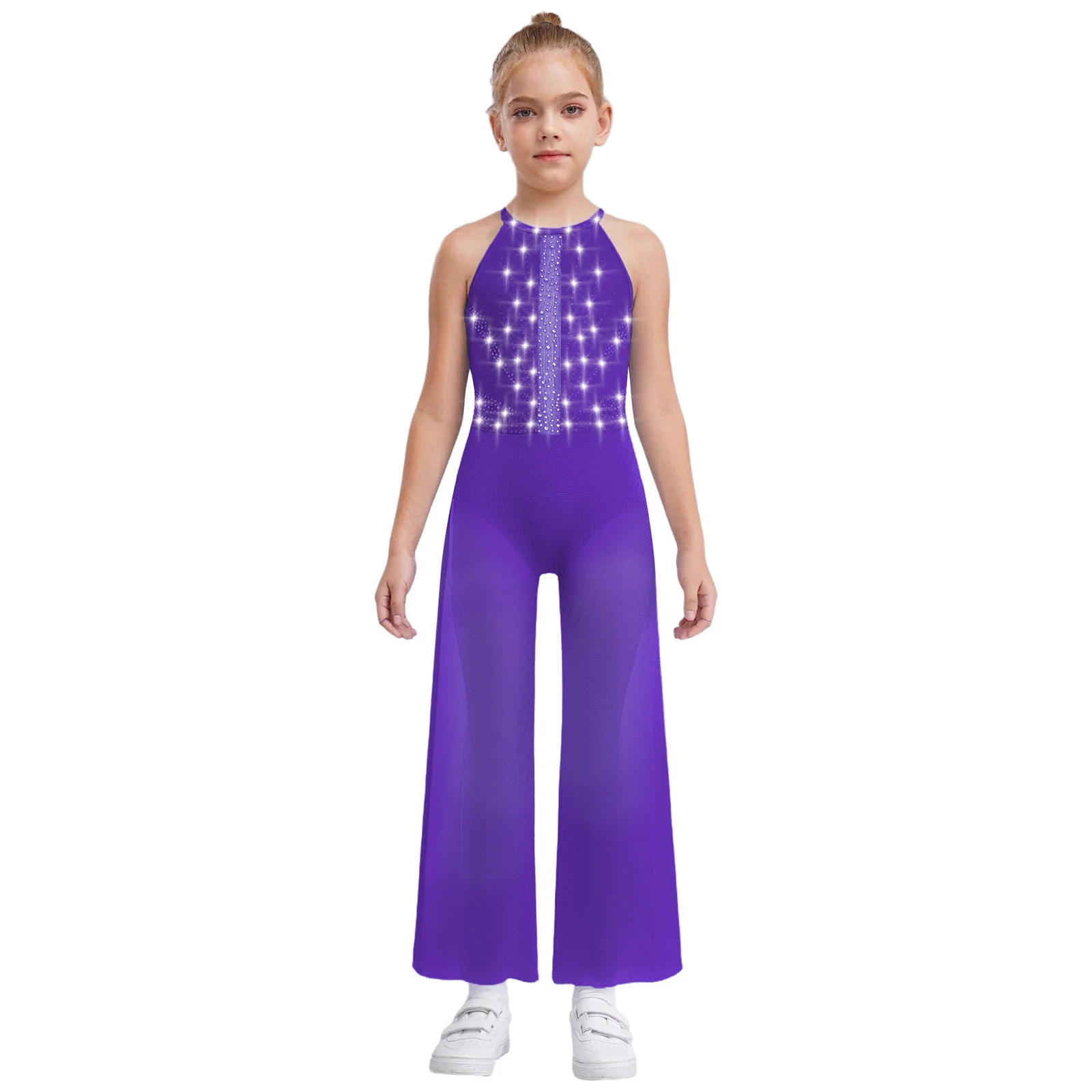 

Kids Girls Rhinestones Gymnastics Artistic Figure Skating Costume Sides Split Ballet Dance Unitards Jumpsuit Built-in Briefs
