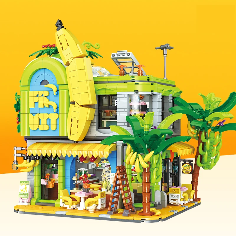 

Creative Classic MOC Architectural Building Blocks Banana Shop Bricks Multiple Scence Placements Fruit Store Model Boy&Girl Gift