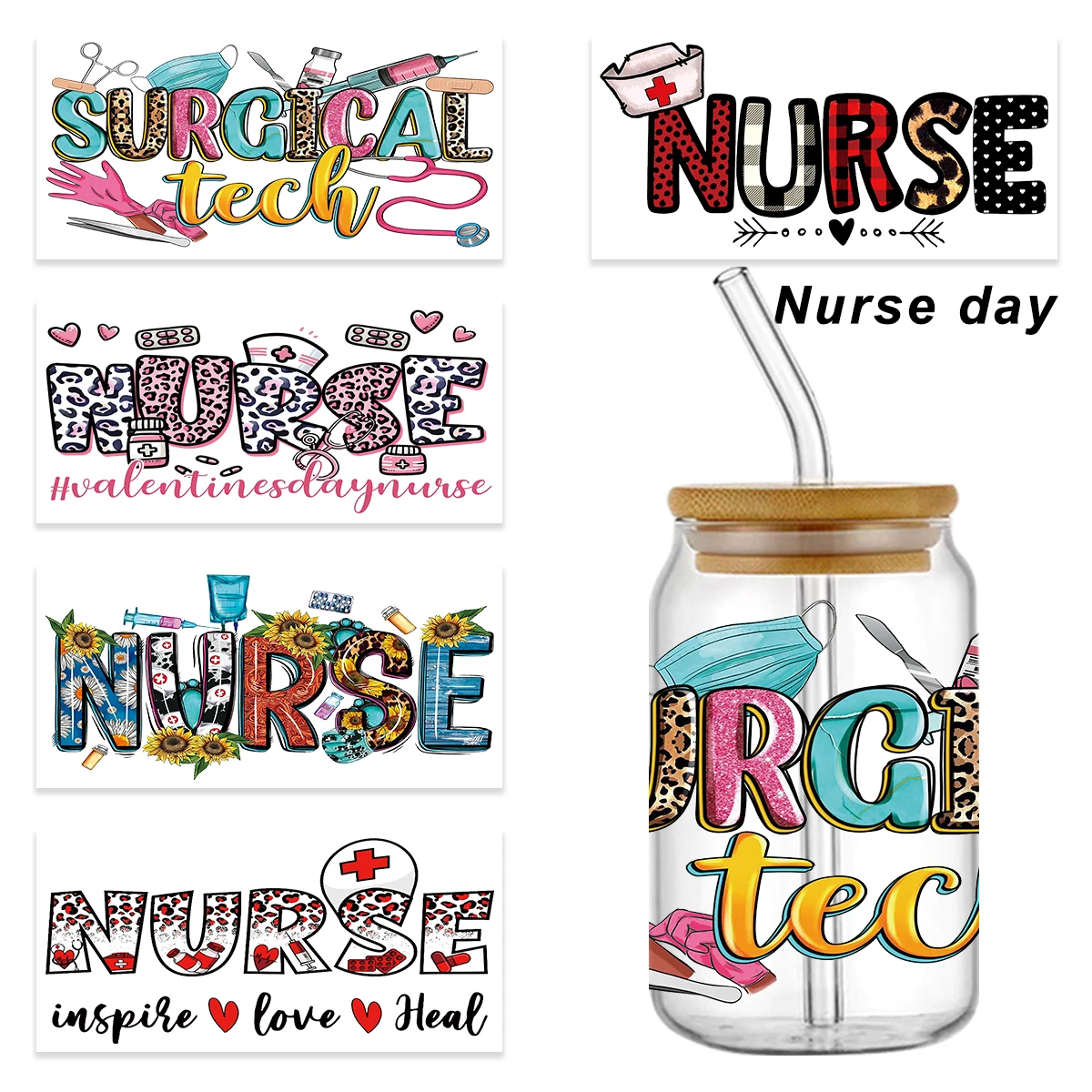 

Nurse unique design UV DTF Wraps Stickers Cute Wraps For 16oz Glass Libbey Selfadhesive Washable DIY Custom