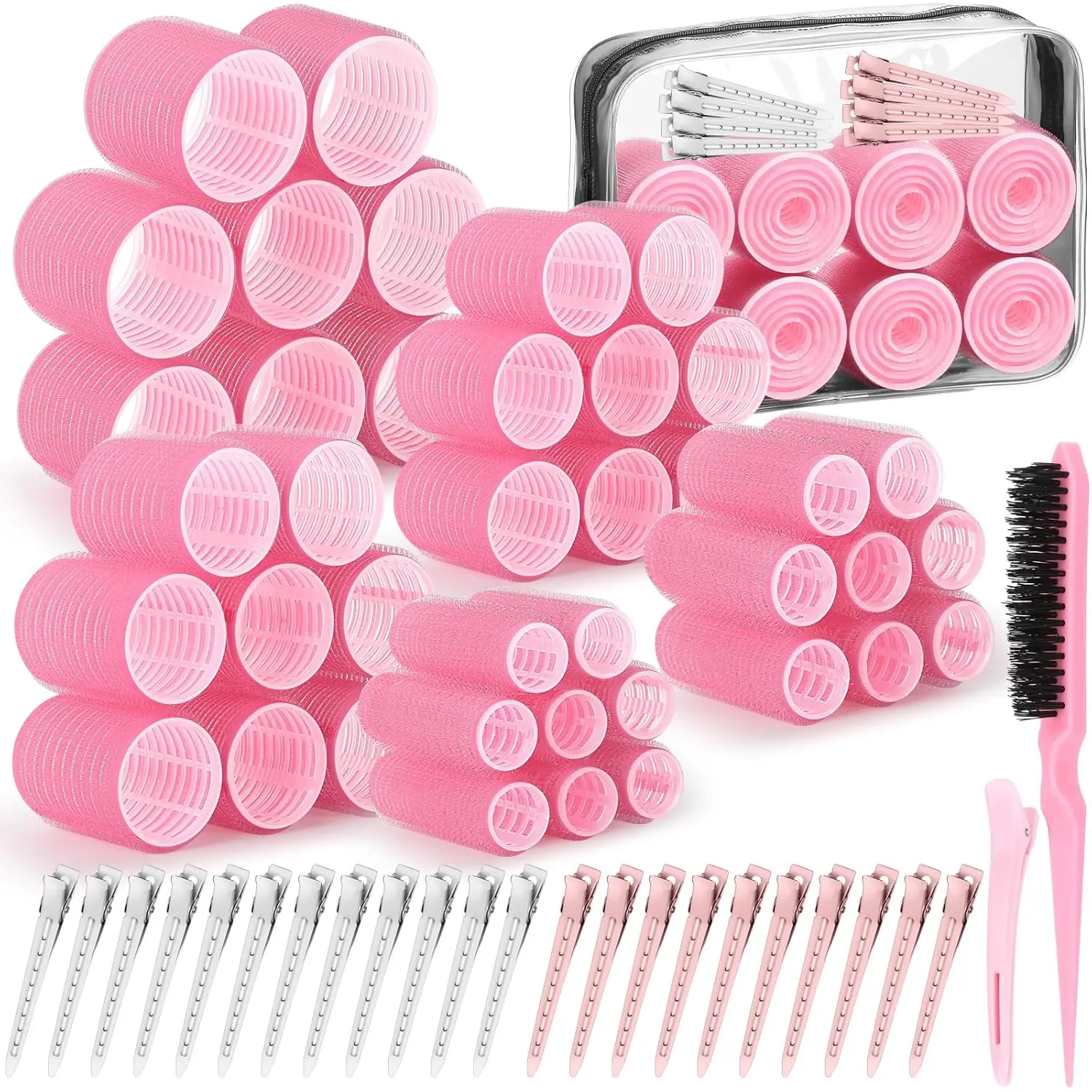 65 PCS Self-Grip Hair Rollers Set with 5 Sizes for Curls, Waves, and Volume - Includes Storage Bag and Brush