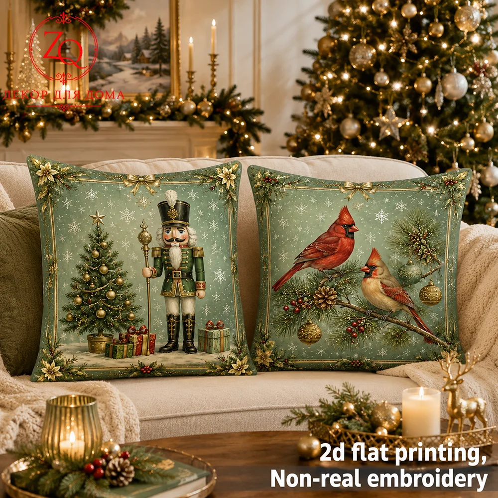 Christmas Vintage Nutcracker Cardinal Throw Pillow Covers Peach Fleece Winter Bed Decorative Cushion Cases