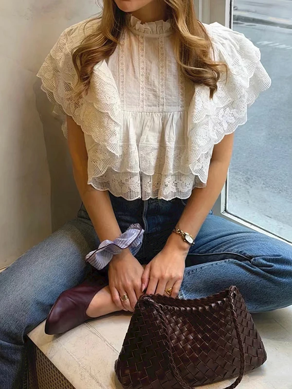 

Romantic Style Layered Lace Shoulder Sleeve Top Women's Cotton Short Sleeve Pullover Shirt Romantic Style Loose Fit New Arrival