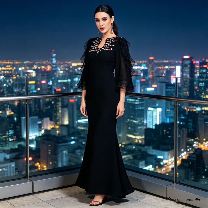 

Elegant Dubai Abaya Rhinestone Evening Party Dresses for Women Muslim Wedding Formal Gown Turkey Kaftan Islam Clothing Morocco